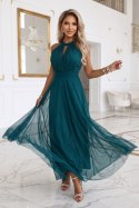 662-4 Elegancka sukienka wieczorowa maxi halter z tiulem i wiązaniem w talii - zielona Numoco basic