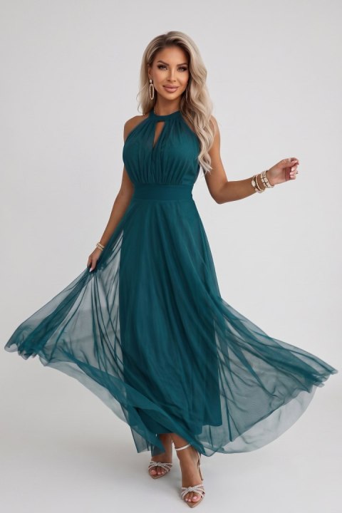662-4 Elegancka sukienka wieczorowa maxi halter z tiulem i wiązaniem w talii - zielona Numoco basic