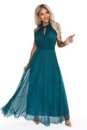 662-4 Elegancka sukienka wieczorowa maxi halter z tiulem i wiązaniem w talii - zielona Numoco basic