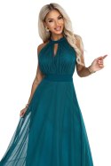 662-4 Elegancka sukienka wieczorowa maxi halter z tiulem i wiązaniem w talii - zielona Numoco basic
