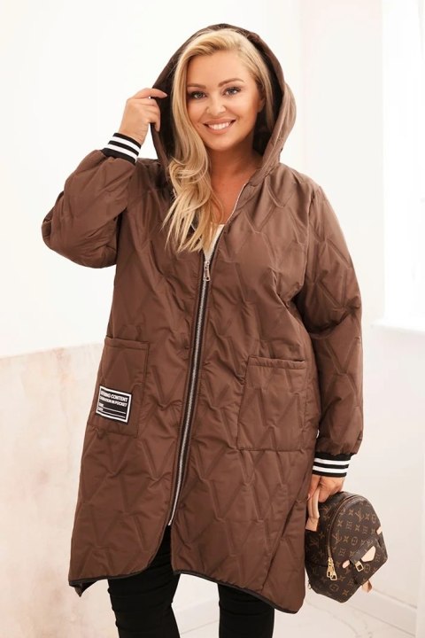 Kurtka damska Plus Size pikowana z kapturem i sportowymi mankietami czekoladowa