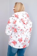 Kurtka damska wiosenna pikowana Plus Size z kapturem i kwiatowym wzorem biała