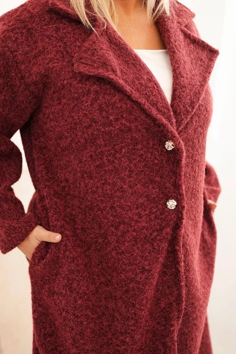 Płaszcz damski Plus Size z wełną i dużym kołnierzem bordowy