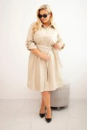 Sukienka damska z eko-skóry Plus Size z paskiem i kołnierzykiem beżowa