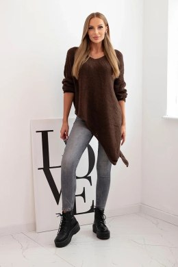 Sweter damski wełniany asymetryczny Plus Size z dekoltem V brązowy