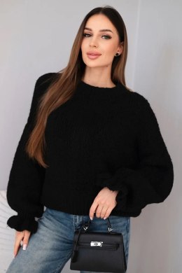 Sweter damski z dodatkiem moheru z grubym splotem i ozdobnymi rękawami czarny