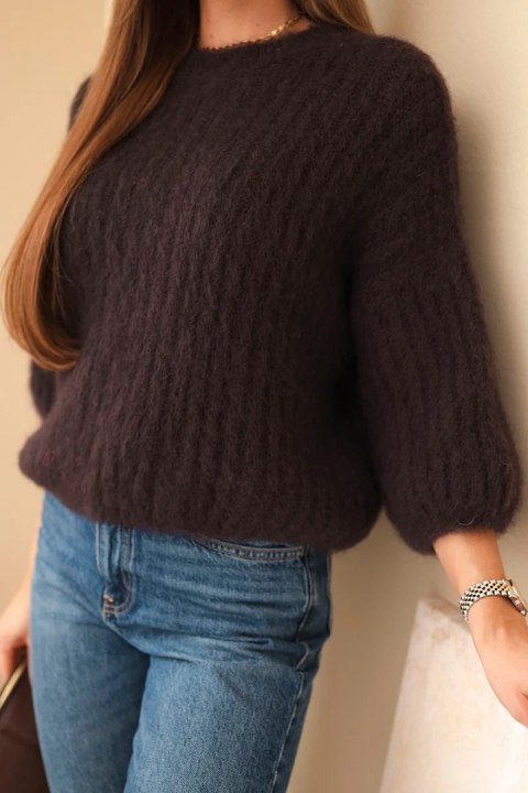 Sweter damski z moheru z krótkim rękawem brązowy