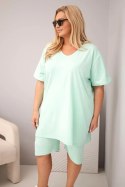 Komplet damski bawełniany Plus Size z bluzką i spodenkami miętowy