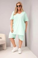 Komplet damski bawełniany Plus Size z bluzką i spodenkami miętowy