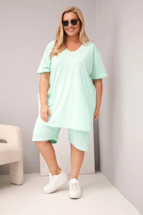 Komplet damski bawełniany Plus Size z bluzką i spodenkami miętowy