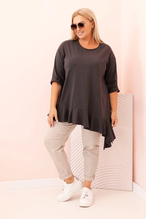 Bluzka damska Plus Size z bawełną z falbaną i rękawem podwijanym grafitowa