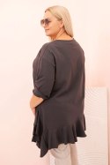 Bluzka damska Plus Size z bawełną z falbaną i rękawem podwijanym grafitowa