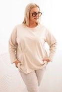 Bluzka damska plus size z bawełną z długim rękawem i marszczeniem beżowa