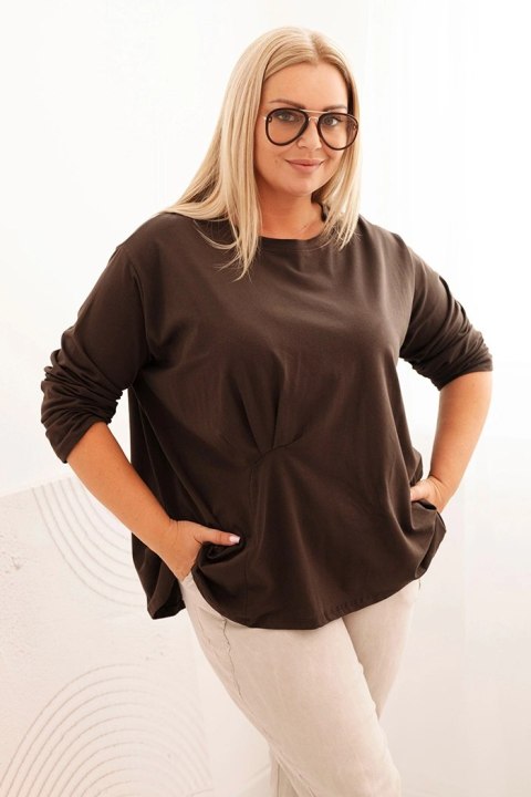 Bluzka damska plus size z bawełną z długim rękawem i marszczeniem brązowa