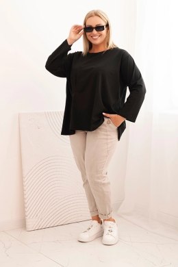 Bluzka damska plus size z bawełną z długim rękawem i marszczeniem czarna