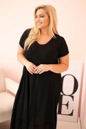 Sukienka damska plus size z krótkim rękawem i falbaną z lekkiej wiskozy czarna