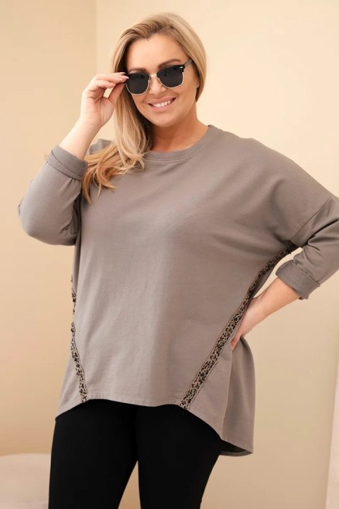 Bluzka damska Plus Size bawełniana z podwijanym rękawem i lampasem w panterkę fango