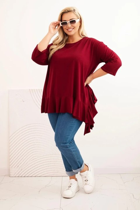Bluzka damska Plus Size z bawełną z falbaną i rękawem podwijanym bordowa