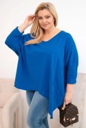 Bluzka damska bawełniana Plus Size z asymetrycznym dołem i dekoltem V chabrowa