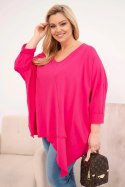 Bluzka damska bawełniana Plus Size z asymetrycznym dołem i dekoltem V fuksja
