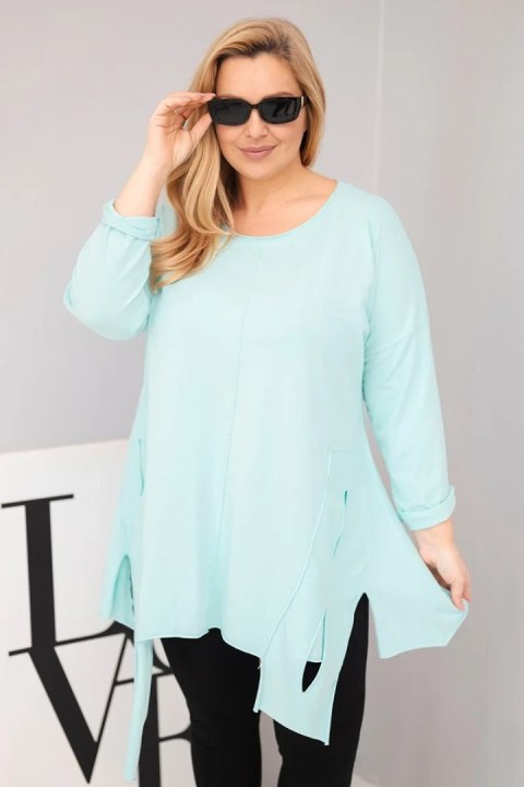 Bluzka damska bawełniana Plus Size z asymetrycznym dołem i wycięciami miętowa