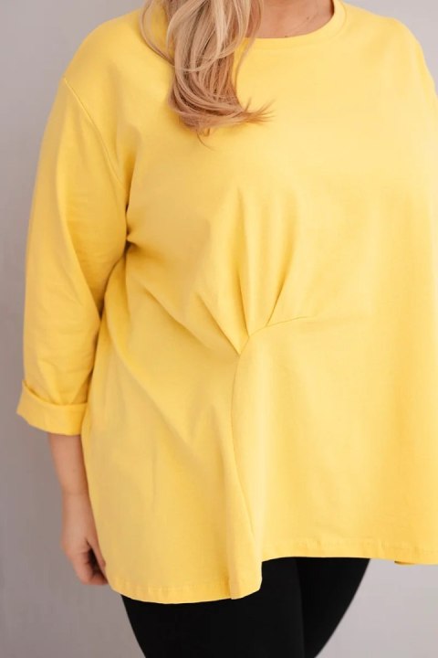 Bluzka damska plus size z bawełną z długim rękawem i marszczeniem żółta