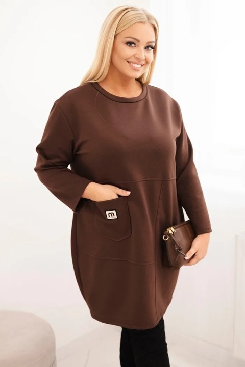 Sukienka damska Plus Size masełko z kieszenią i rękawem 3/4 brązowa