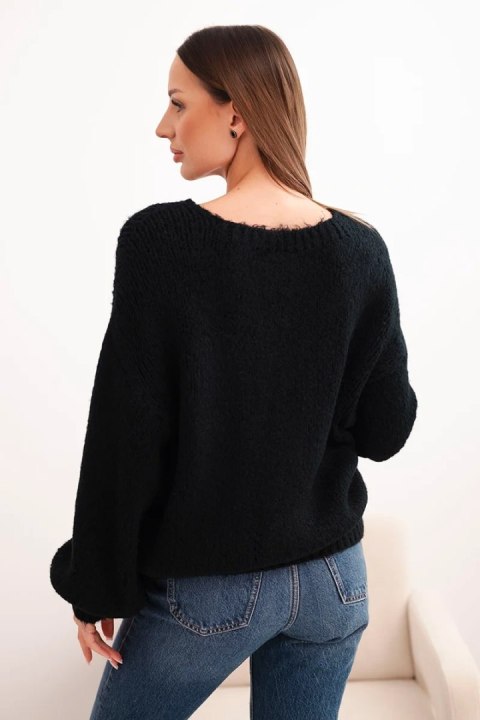 Sweter damski czarny z wełną o grubym splocie i długim rękawem