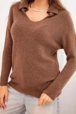 Sweter damski z baby alpaki z kołnierzem i dekoltem V czekoladowy