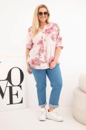 Bluzka damska bawełniana Plus Size z dekoltem V w kwiatowy wzór pudrowy róż