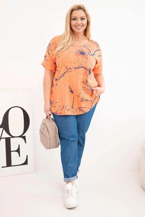 Bluzka damska bawełniana Plus Size z krótkim rękawem i kieszenią pomarańczowa
