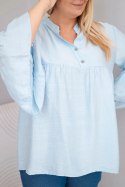 Bluzka damska wiskozowa Plus Size z falbaniastym rękawem i dekoltem V niebieska