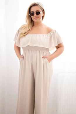Kombinezon damski Plus Size z falbaną i krótkim rękawem beżowy