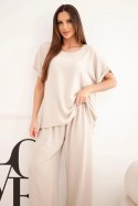 Komplet damski Plus Size bluzka i spodnie z szeroką nogawką beżowy