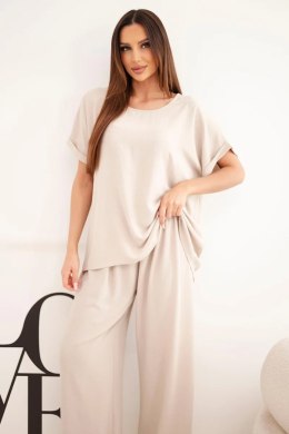 Komplet damski Plus Size bluzka i spodnie z szeroką nogawką beżowy