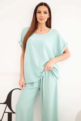 Komplet damski Plus Size bluzka i spodnie z szeroką nogawką ciemny miętowy