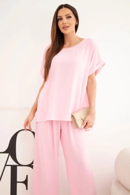 Komplet damski Plus Size bluzka i spodnie z szeroką nogawką cukierkowy róż