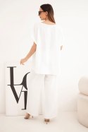 Komplet damski Plus Size bluzka i spodnie z szeroką nogawką ecru