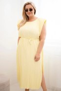 Sukienka damska Plus Size wiskozowa plisowana z wiązaniem żółta