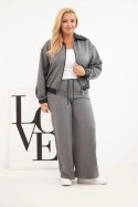 Komplet damski Plus Size z bluzą na zamek i szerokimi spodniami grafitowy