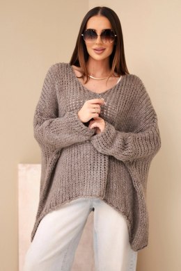 Sweter damski ażurowy oversize z dekoltem V i dłuższym tyłem fango