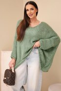 Sweter damski ażurowy oversize z dekoltem V i dłuższym tyłem khaki