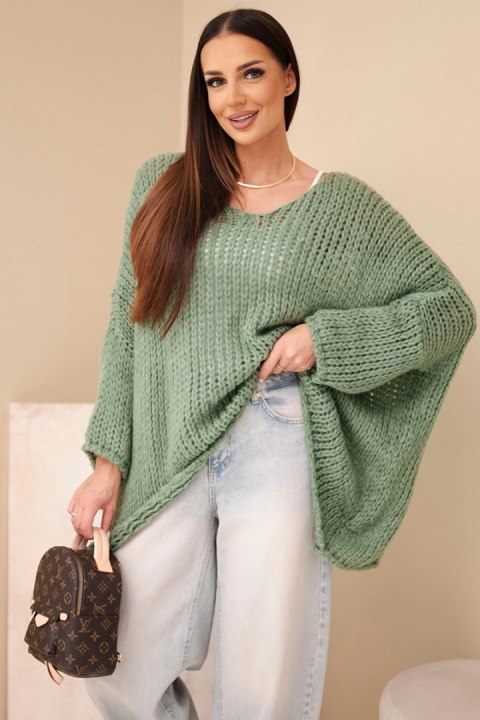 Sweter damski ażurowy oversize z dekoltem V i dłuższym tyłem khaki