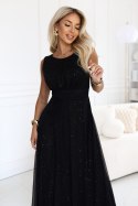 679-4 AVELINE długa sukienka maxi z brokatowym tiulem i okrągłym dekoltem - czarna Numoco basic