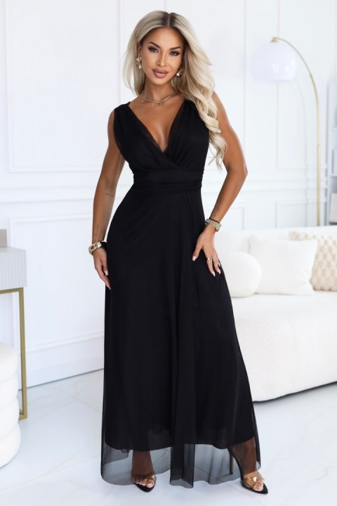 687-1 Elegancka sukienka maxi z kopertowym dekoltem i odkrytymi plecami - czarna Numoco basic