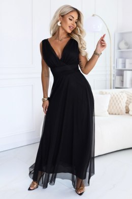 687-1 Elegancka sukienka maxi z kopertowym dekoltem i odkrytymi plecami - czarna Numoco basic