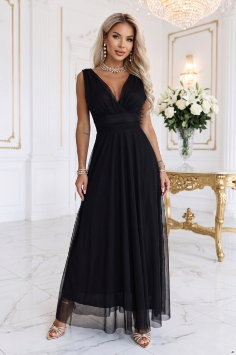 687-1 Elegancka sukienka maxi z kopertowym dekoltem i odkrytymi plecami - czarna Numoco basic