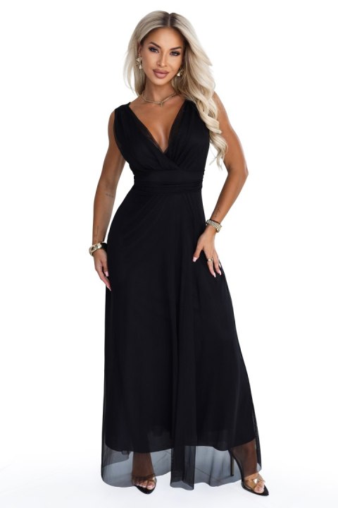 687-1 Elegancka sukienka maxi z kopertowym dekoltem i odkrytymi plecami - czarna Numoco basic