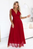 687-2 Elegancka sukienka maxi z kopertowym dekoltem i odkrytymi plecami - jasne bordo Numoco basic