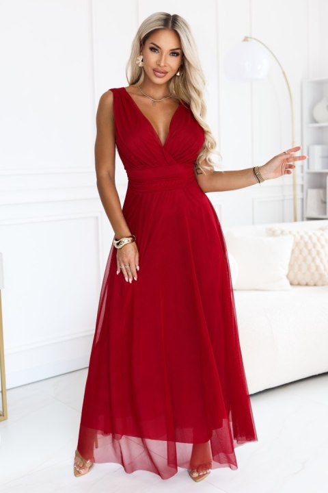 687-2 Elegancka sukienka maxi z kopertowym dekoltem i odkrytymi plecami - jasne bordo Numoco basic